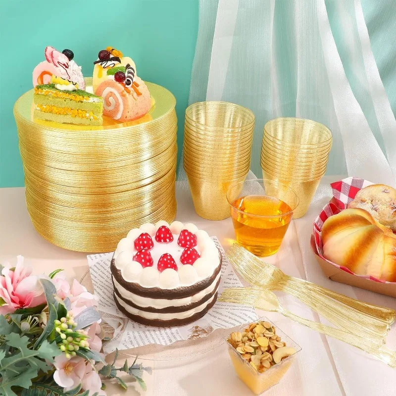 300 Pcs Plastic Dinnerware Set Disposable for Party, Glitter Plates, Cup, Dessert Forks, 100 Guest Disposable Dinnerware Set