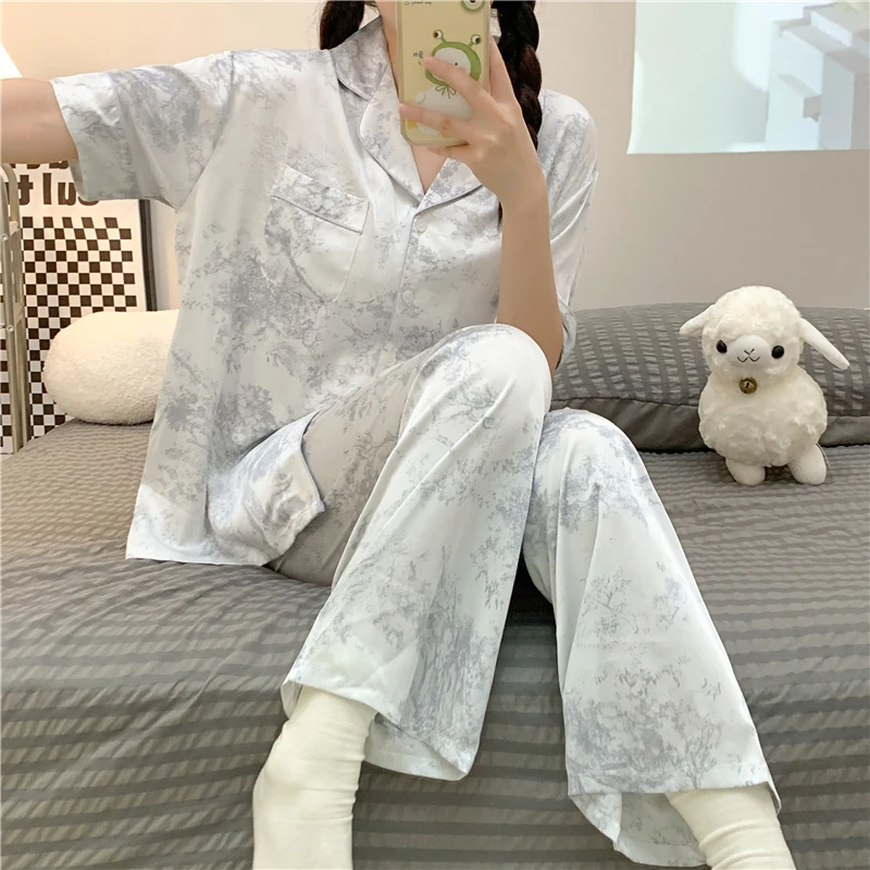 Pajamas Women's Summer Ice Snow Silk Simple High Grade Silk Short Sleeve Pants Cardigan Small Lapel 2023 New Home Furnishing