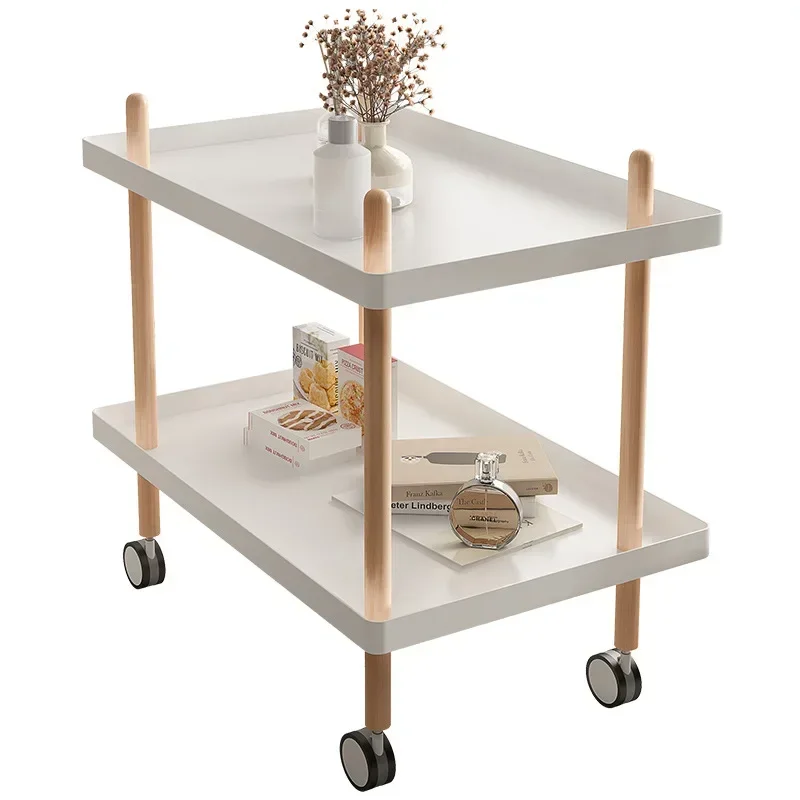 Nordic Style Mobile Trolley With Rollers Living Room 2 Layers Mobile Storage Rack Trolleys Multifunction Kitchen Solid Wood Cart