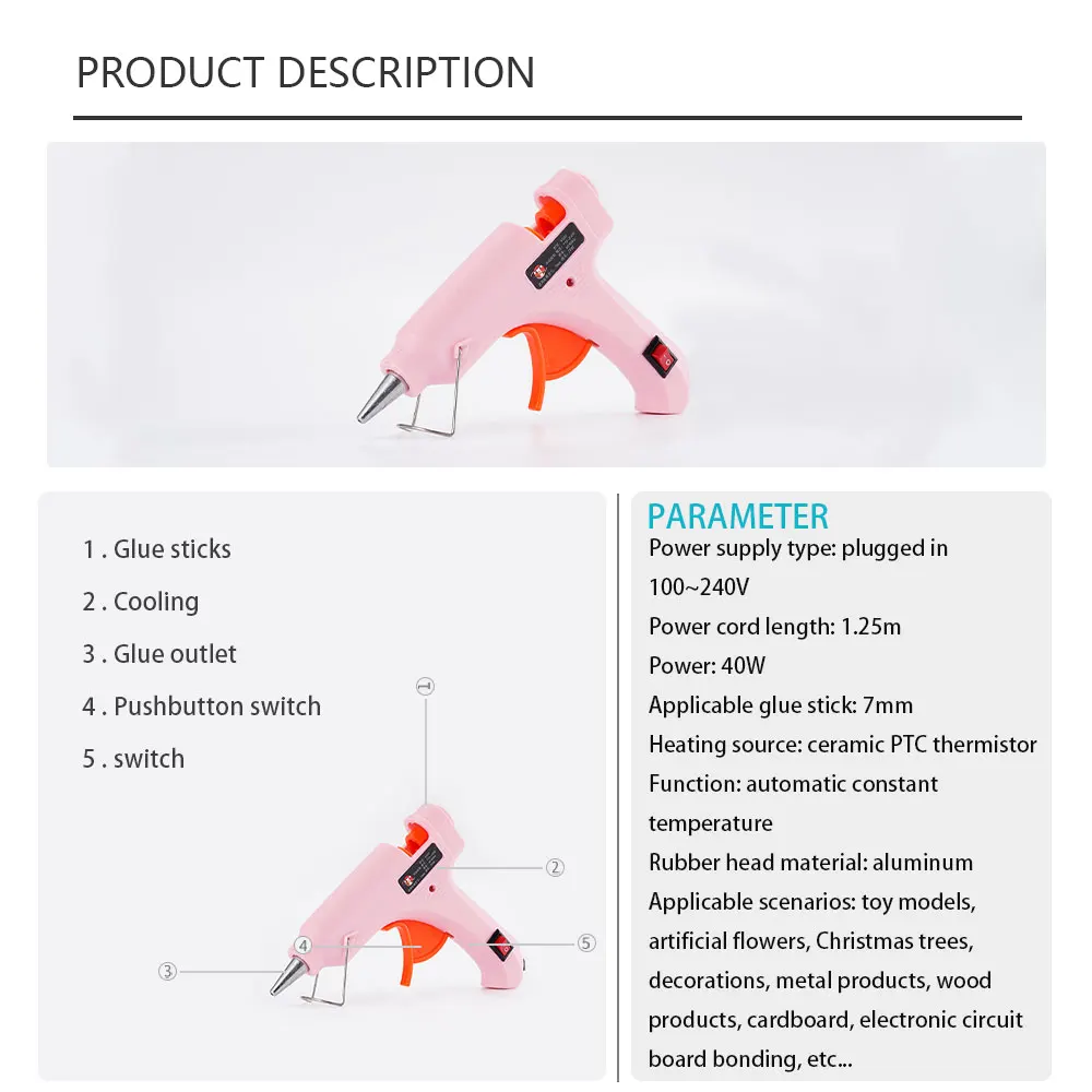 Pistola de pegamento de fusión en caliente con interruptor para barra de pegamento de 7mm, Mini pistola adhesiva industrial, herramienta de reparación de pistola eléctrica de temperatura de calor, 40W