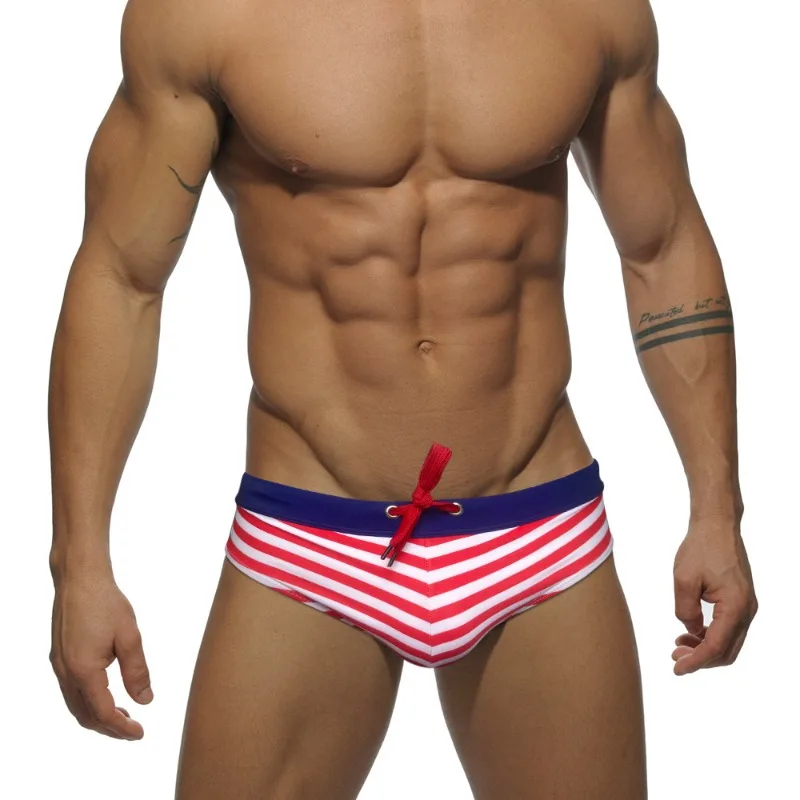 Stripes Men Swim Trunks Sexy Low-waisted Drawstring Swimwear Swimming Briefs Summer Quick Drying Sport Beach Shorts Swimsuit