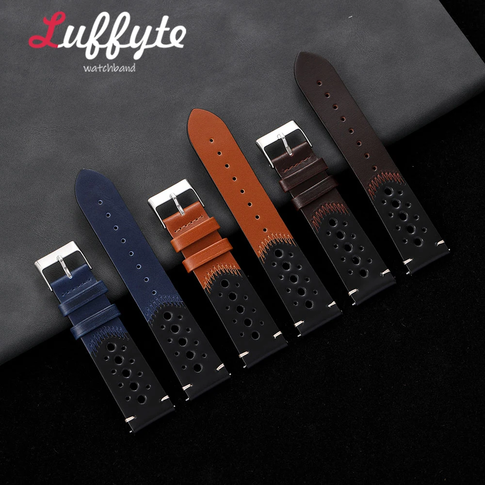 Vintage Oil Waxed Leather Watch Strap with Quick Release and Personalized Stitching
