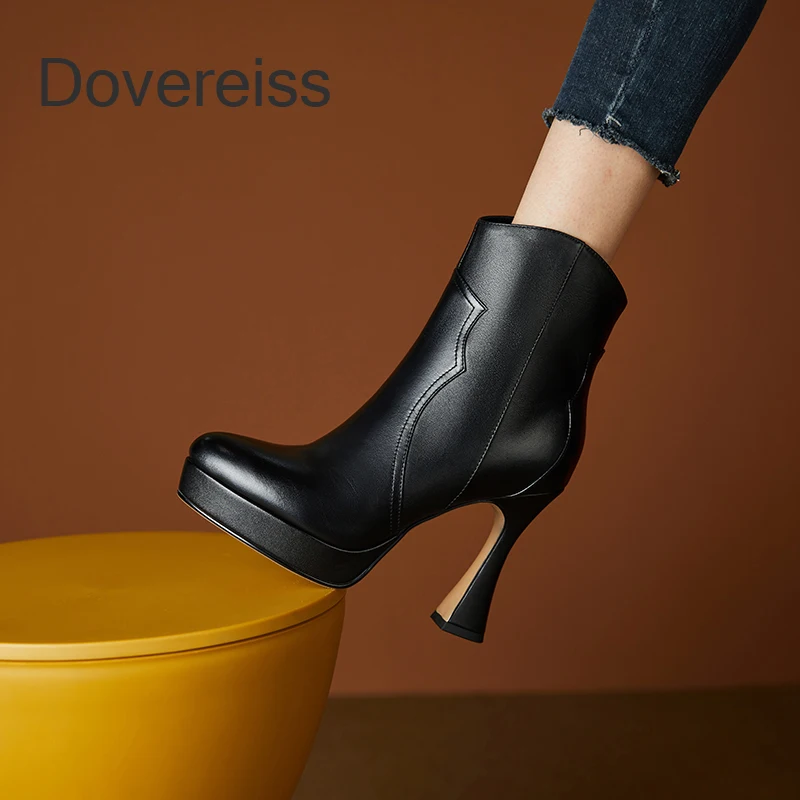 

2022 Winter Pure Color Genuine Leather Female Boots Zipper Pointed To Ankle Boots Waterproof Stilettos Heels Short Ladies Boots