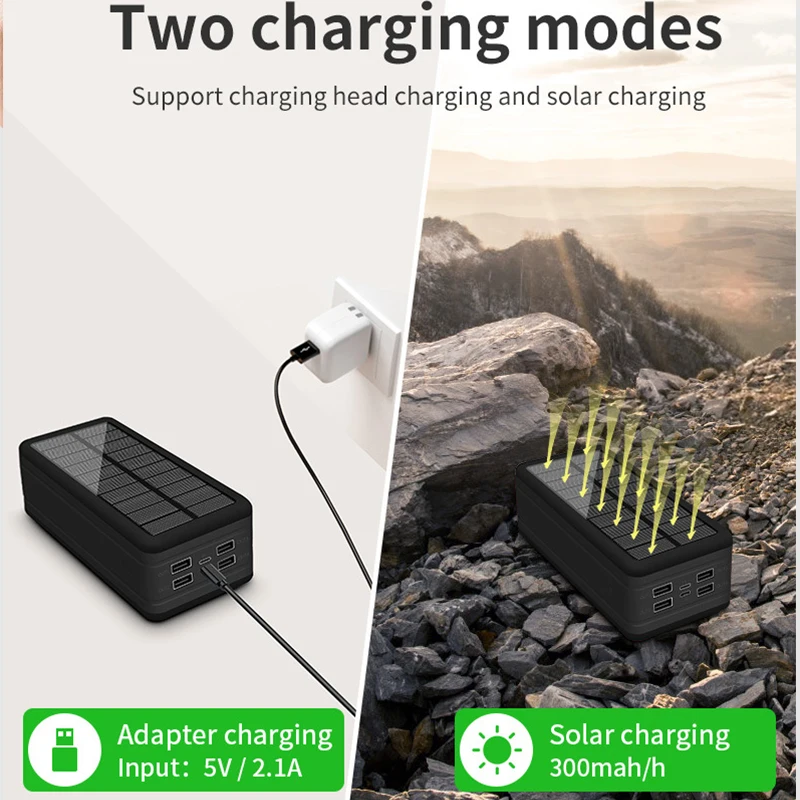 100000mAh Solar Power Bank 4USB Light Fast Charging Mobile Phone Wireless Charging Large Capacity Battery External Battery Hot