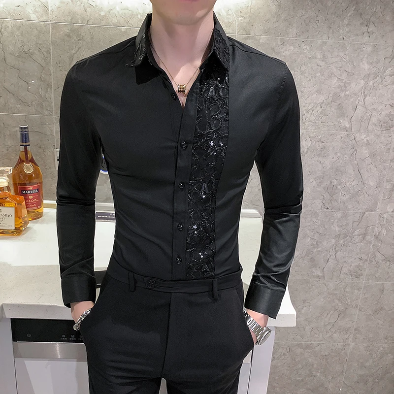 

Sexy Lace Patchwork Men's Shirt Long Sleeve Slim Fit Streetwear Casual Shirts Nightclub Singer Social Party Blouse Chemise Homme