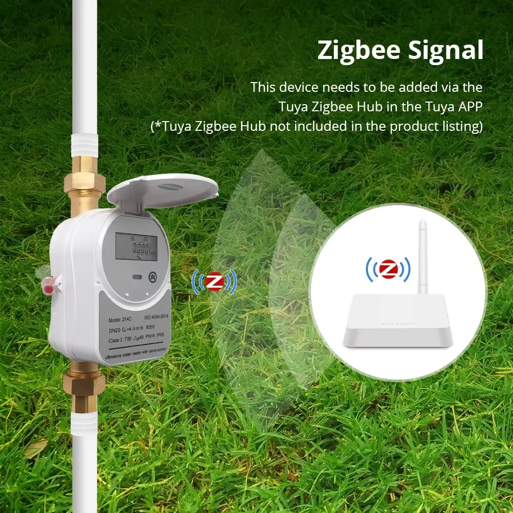 Zigbee Smart Water Meter Ultrasonic LCD Display Quantity Flow Consumption Measurement IP68 Tuya APP