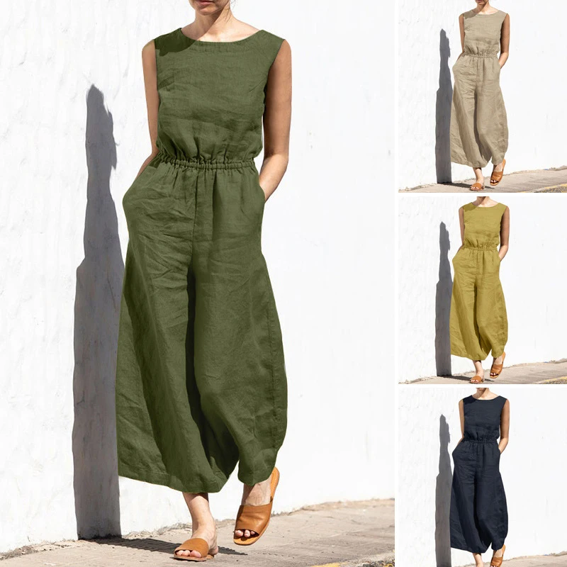 

Summer Rompers For Women 2024 Sleeveless High Waist Wide Legs Linen Pants Pocket Jumpsuit Women Casual Ladies Overalls