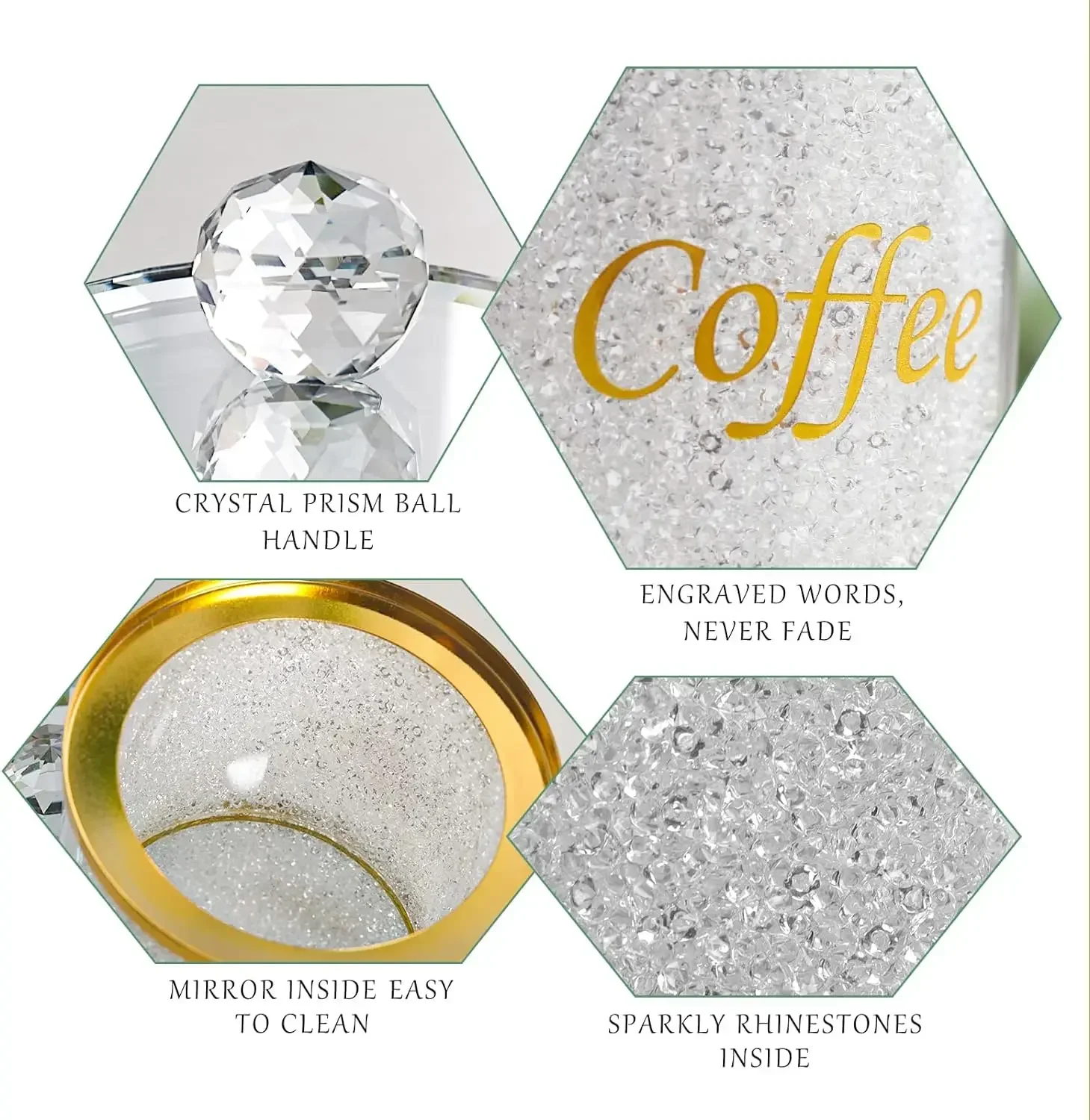 Sparkle Glass Crushed Diamonds Canister for Sugar Coffee Tea Decorative Storage Jar with Lids for Kitchen Counter Dining Room