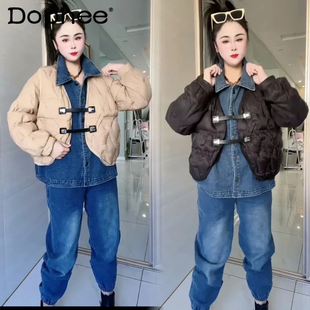 Fleece-Lined Thicken Denim Stitching 3 Piece Set for Women 2023 Fall Winter New Cotton Vest Coat Fashion Jeans Suit Female velvet lined warm pencil jeans thicken winter skinny vaqueros fashion plus size 34 denim pants elastic high waist women pantalon