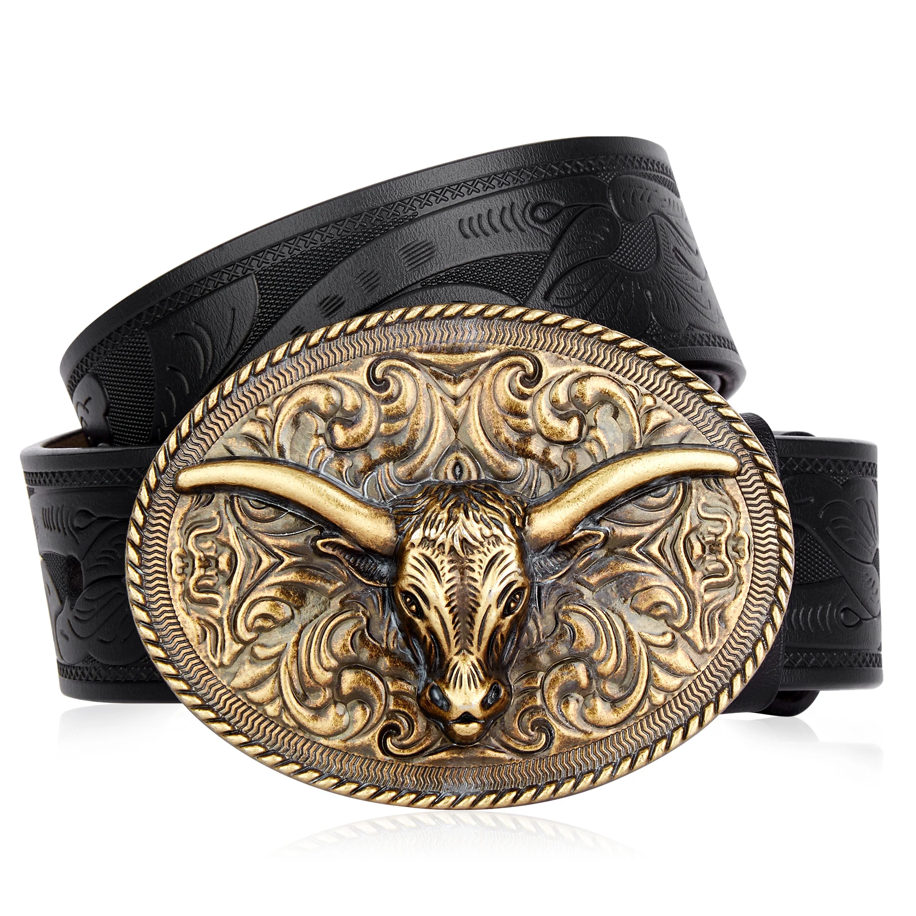 

Western Embossed Men's Belt Split Leather Golden Cowboy Longhorn Bull Pattern Floral Engraved Buckle Belts For Men BISON DENIM