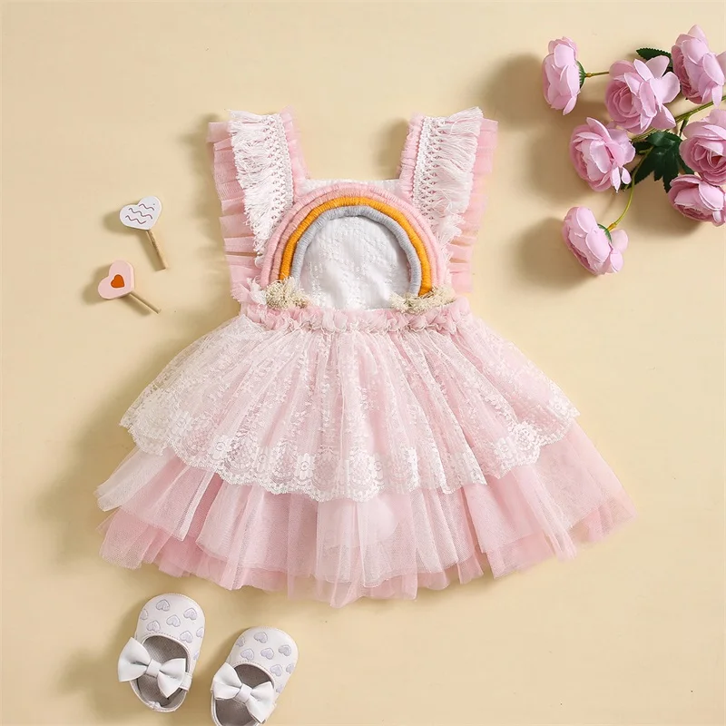 Citgeett Summer Infant Baby Girl Top Dress Sleeveless Rainbow Patch Frill Princess Layered Mesh Dress Clothes