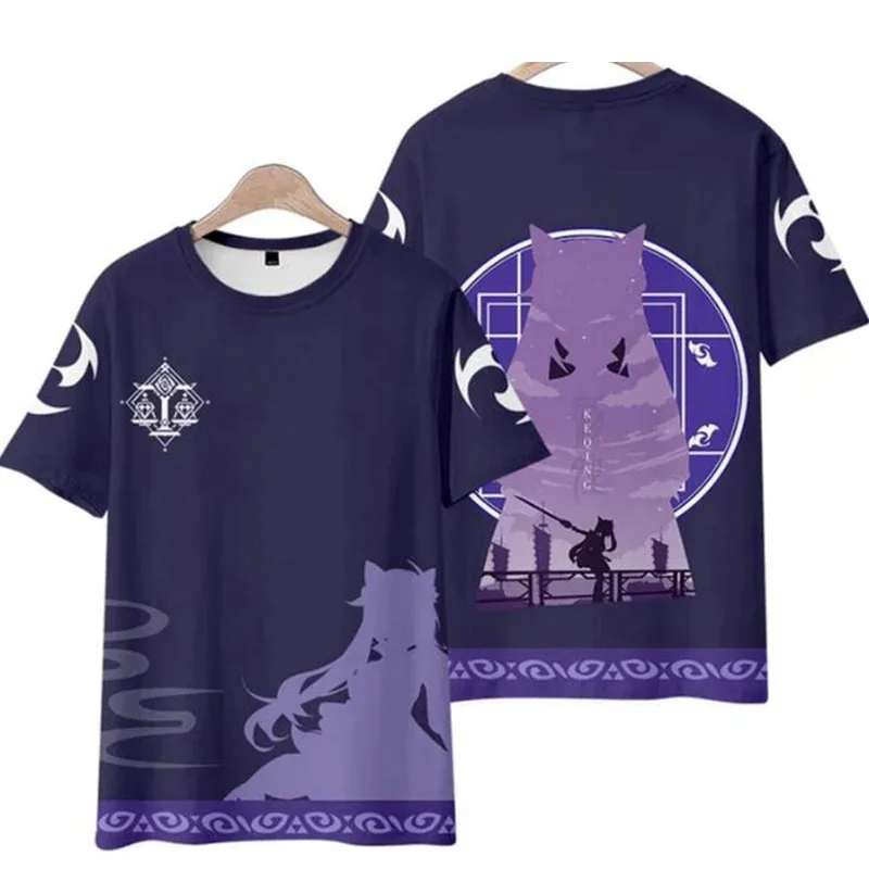 Genshin impact keqing kawaii 3d t-shirts anime game cartoon men women t-shirts tops o-neck short sleeve unisex t-shirt
