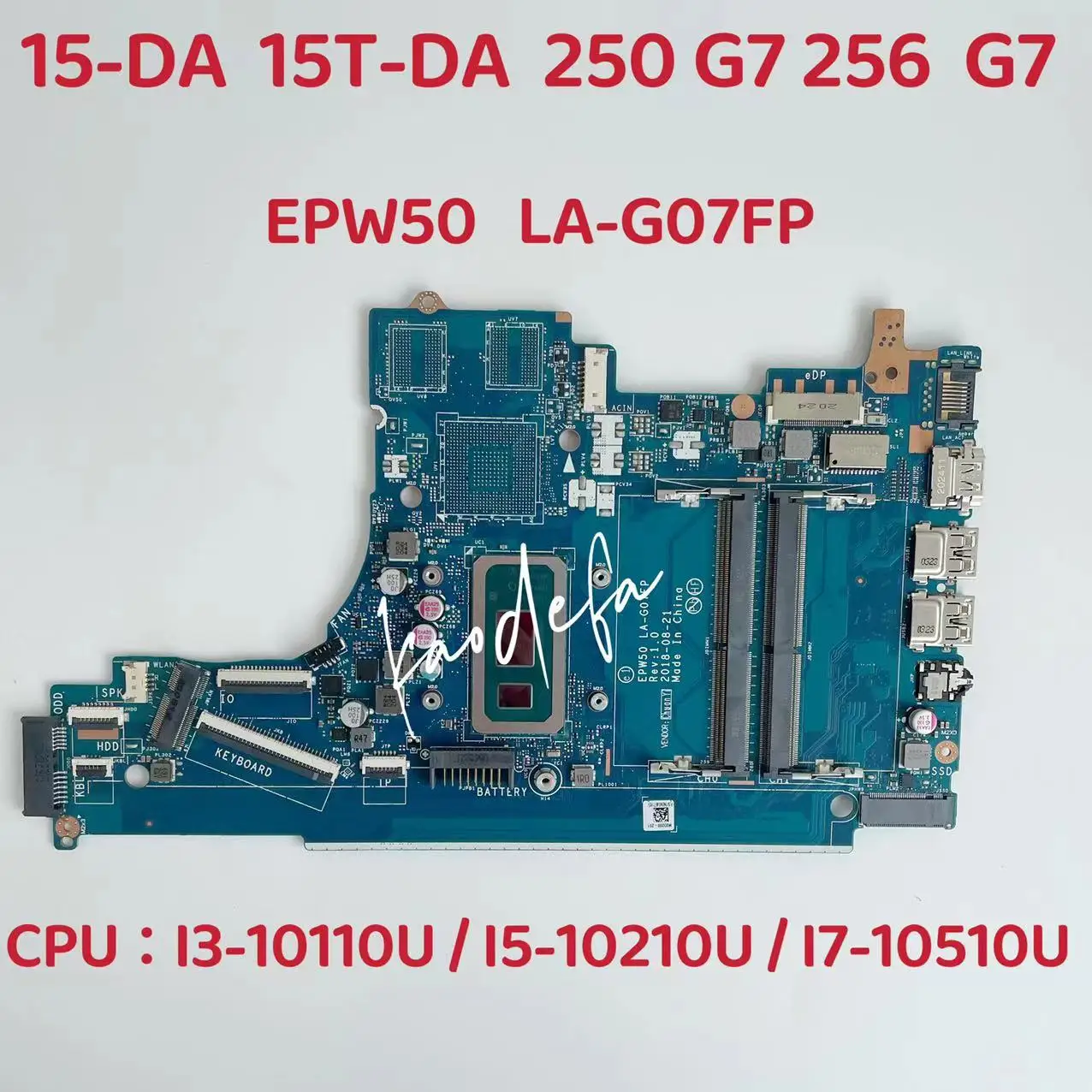Scheda Madre 15-Da Epw50 La-G07Fp Per Laptop Hp 15-Da L68087-601 Scheda Madre 15T-Da 250 G7 Laptop I3 I5 I7 Test Cpu Ddr4 Di Decima Generazione