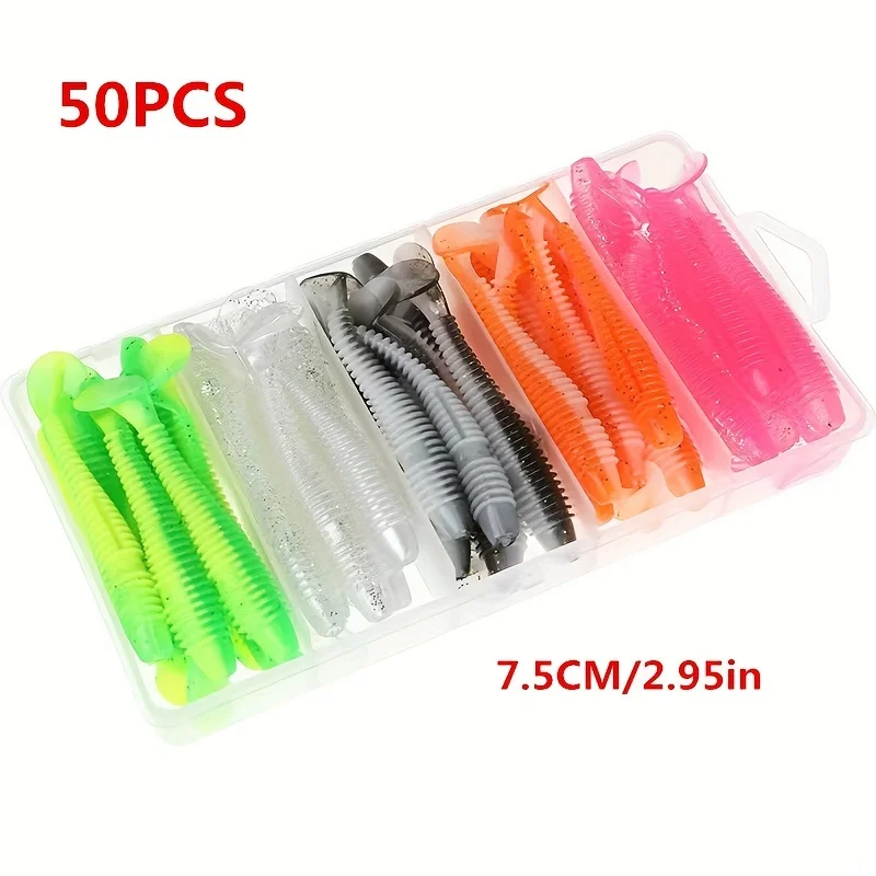 50 Stück/Box weicher Angelköder mit T-Schwanz-Spinner und Paddel-Schwanz-Wurmköder – ideal zum Fangen von Karpfen und Barsch in Süßwasser – hoch