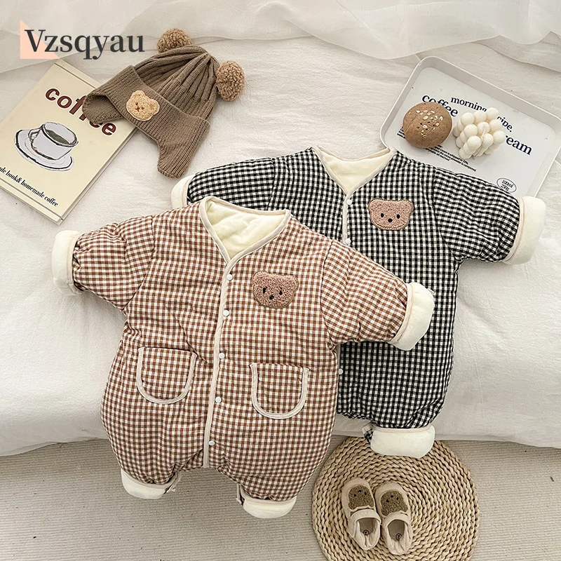 

Plaid Bear Winter Baby Jumpsuit for Boy Girl Clothes Thicken Cotton Newborn Romper Toddler One-Piece Onesie Korean Infant Outfit