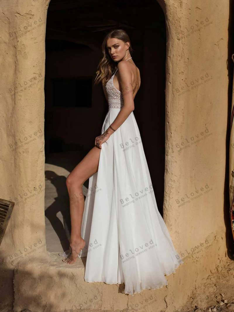 Bohemia Wedding Dresses Graceful Bridal Gowns O-Neck Sleeveless Sexy Robes High Slit Chiffon VintageVestidos De Novia Customized 2