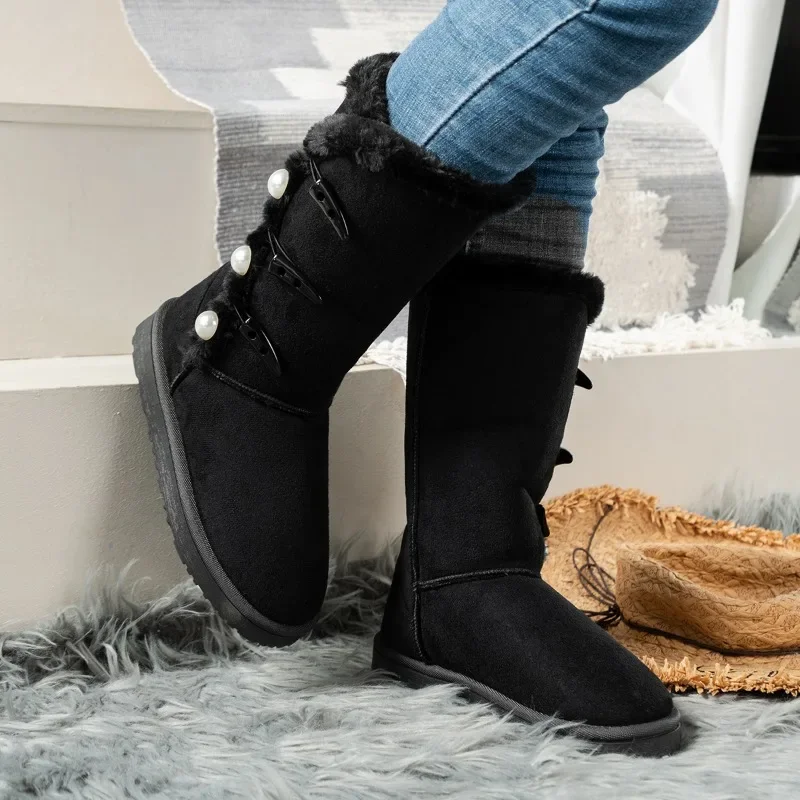 

New Button Snow Boots 2024 Winte Korean Warm Mid-Calf Women's Boots Casual Slip-On Round Toe Platform Shoes for Women Flat Boots