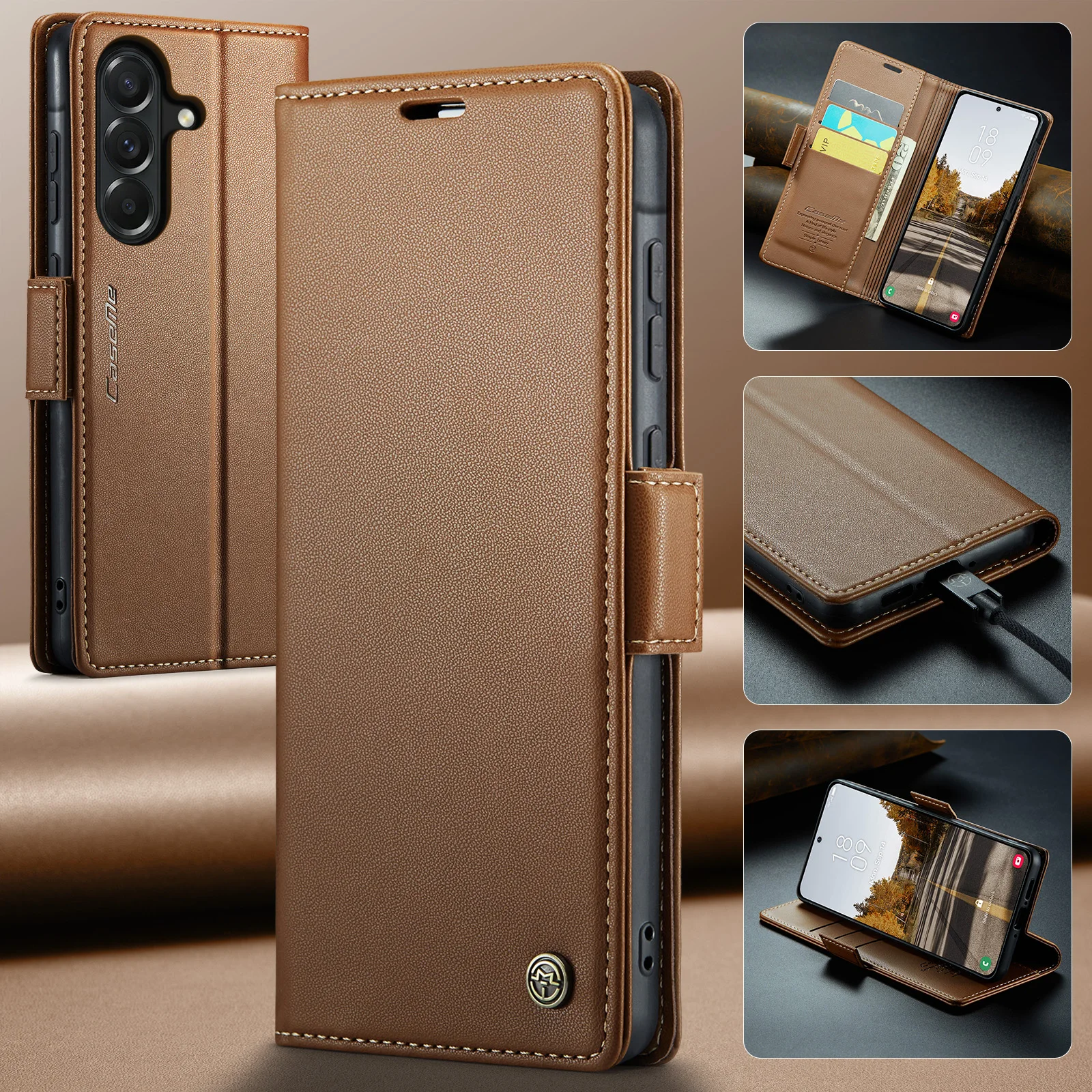 Luxury Flip PU Leather Wallet Case with Card Slot & Stand, Side Buckle Closure