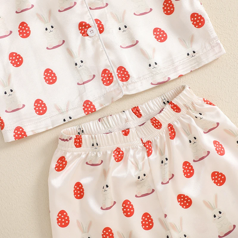 Adorable Toddler Easter Pajama Set with Bunny and Chick Print Short Sleeve Button-up Tops and Long Pants 2 Piece Sleepwear 2