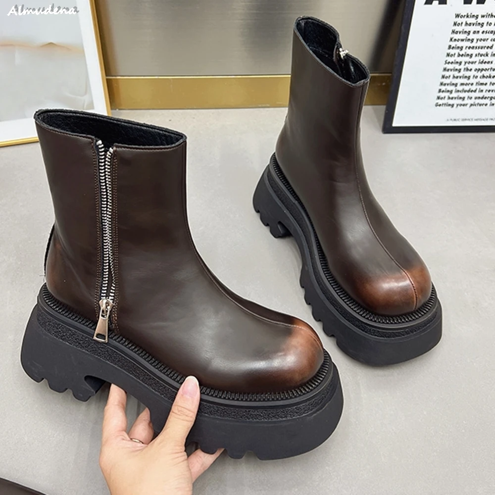 Retro Metal Buckle Women Two Wear Boots Round Toe Thick Sole Zipper Flats Leather Boots Autumn Fashion Knee High Fashion Boots