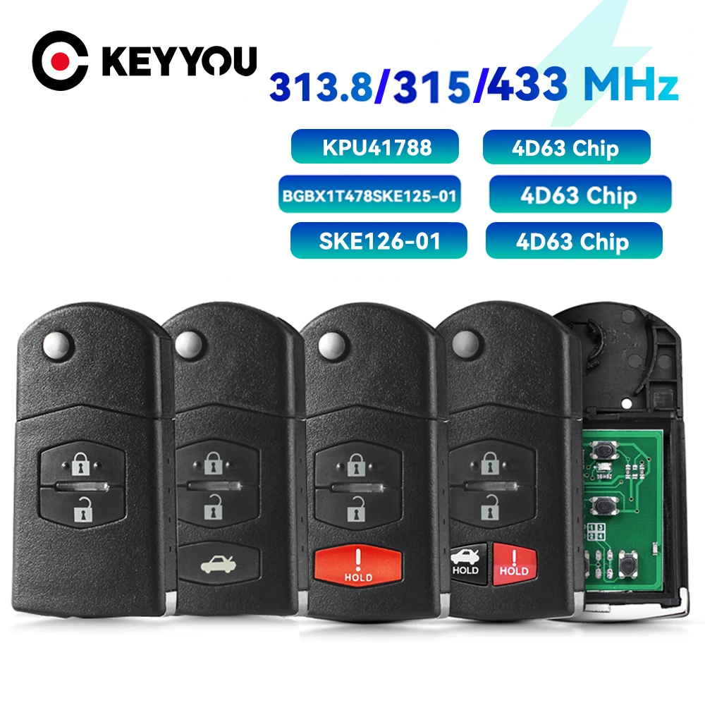 

KEYYOU Remote Folding Car Key 313.8/315/433Mhz For Mazda 3 5 6 CX-7 CX-9 MX-5 Miata BGBX1T478SKE125-01 SKE126-01 4D63 Chip Fob