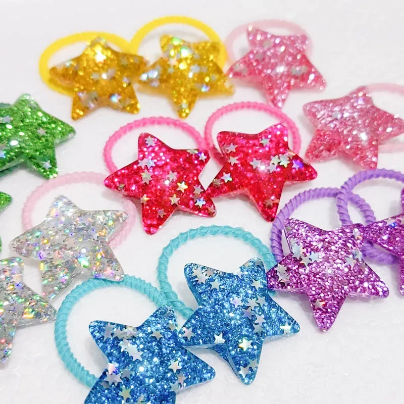 Children Kawaii Hair Ties Rope 2pcs Kids Glitter Pentagram Elastic Hair Bands Ring New Headwear Girls Hair Accessories