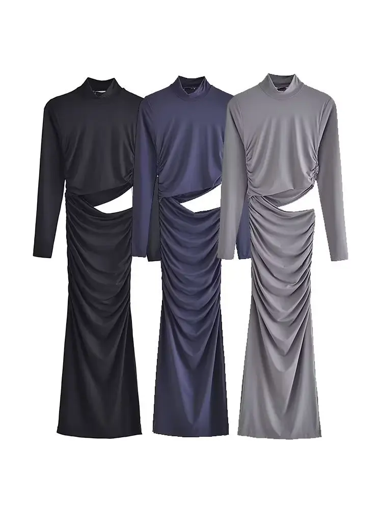 

Women New Fashion Waist opening design Pleated Slim Midi Dress Vintage stand collar Long Sleeve Female Dresses Vestidos Mujer