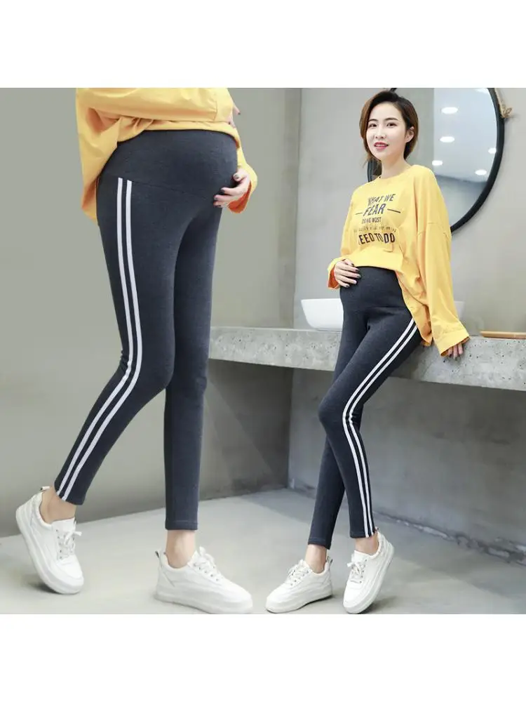 

Spring Autumn Large Pregnant Women Cotton Gray Black Sexy Comfortable Leggings Warm Pure Outer Wear Abdominal Striped Pants 4XL
