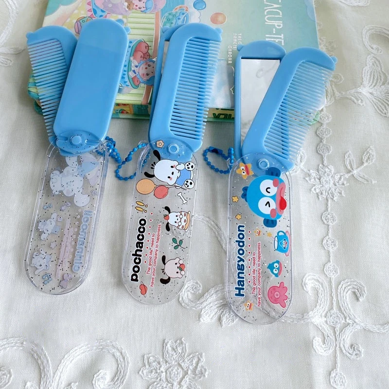 Sanrio Hello Kitty Folding Mirror W/Comb Cinnamoroll Kuromi Melody Mini Portable Makeup Mirror Kid Gifts 5