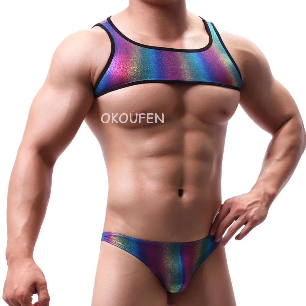 

High Elastic half-length Rainbow Sexy Short Tops Stage Show imitation leather Tight-fitting Nightclub Stage show Dance wear