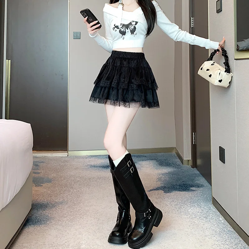 y2k Mini Skirt Women Coquette Clothes Lolita Fairycore High Elastic Tiered Ruffle Skirts Goth Lolita Skirts Streetwear
