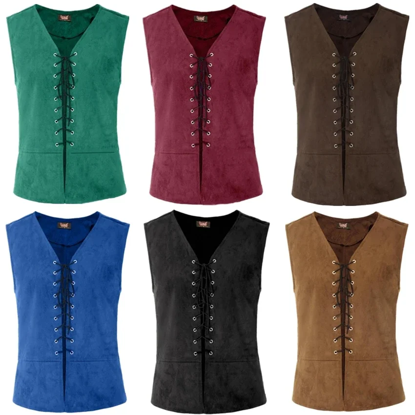 Men Punk Medieval Vest Cosplay Costume Renaissance Steampunk Tops Gentleman Bandage Coat Retro Gothic Slim Knight Waistcoat