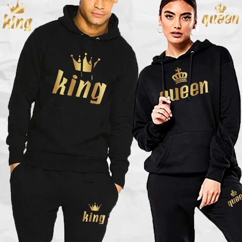 Men Women Print Long Sleeve Hoodies Set Printed Queen King Couple Sweatshirt Oversized Hoodies Trend Couple Hoodie Suit Clothing
