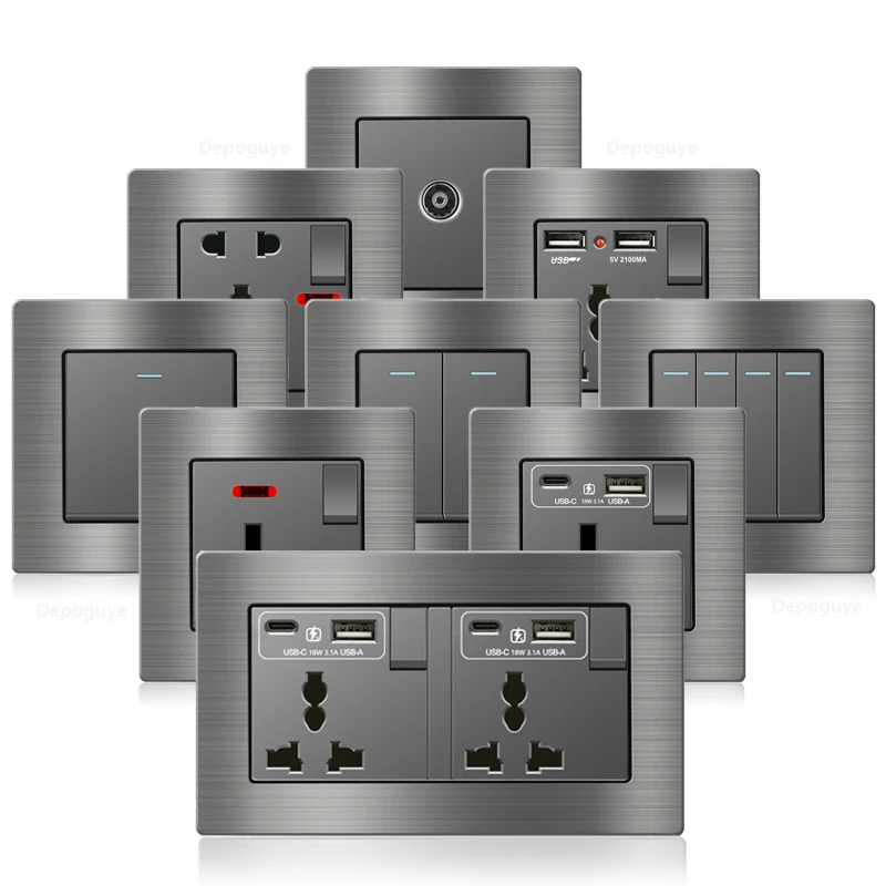 Universal 18W Type-C Fast CHARGING Dual Power Outlet,แปรงอลูมิเนียม UK 13A USB Wall SOCKET,220V ไฟฟ้าแผงสวิทช์ไฟ 1