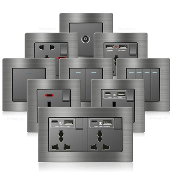 Universal 18W Type-C Fast CHARGING Dual Power Outlet,แปรงอลูมิเนียม UK 13A USB Wall SOCKET,220V ไฟฟ้าแผงสวิทช์ไฟ 1