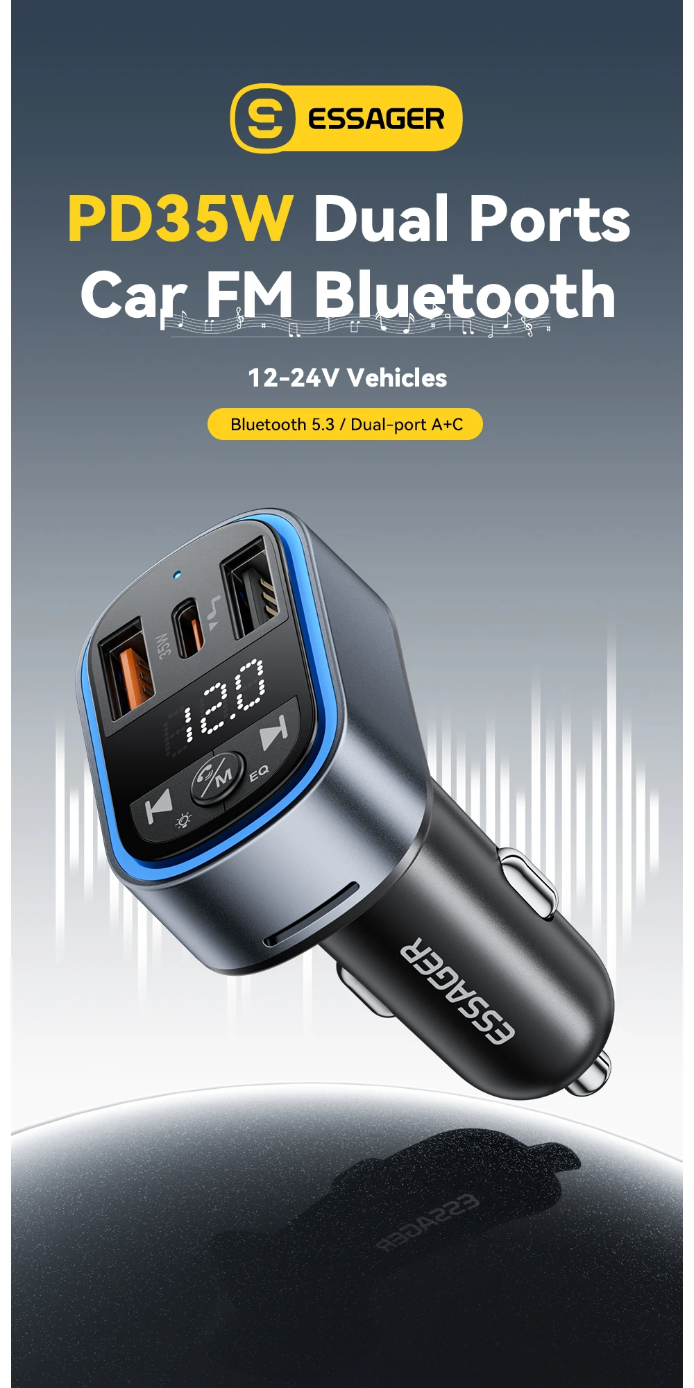 FM Bluetooth5.3 Transmitter 35W USB Type-C Dual Ports PD QC Car Charger Aux Radi