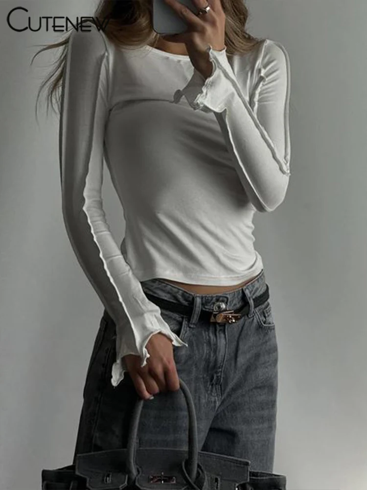 Camisetas clásicas salvajes para mujer, tendencia de otoño, nuevas camisetas ajustadas con cuello redondo y manga larga lisas, camisetas básicas de calle para mujer, nuevas camisetas diarias