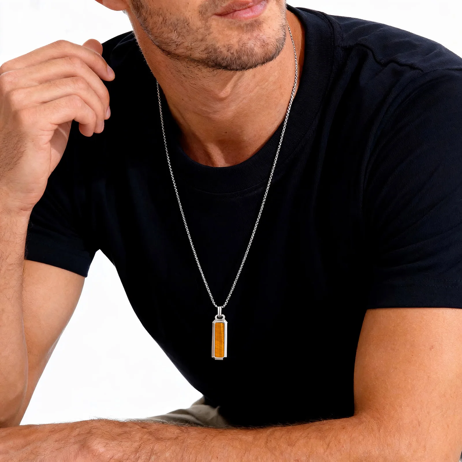 Natural Stone Geometric Pendant Necklace for Men,Stylsih Stainless Steel Vertical Bar Necklace,Male Jewelry Gift