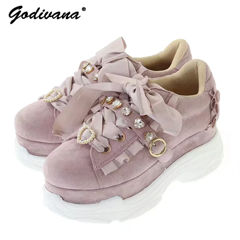 Japanese Style Autumn New Peach Heart Pearl Lace Up Casual Platform Sports Shoes Women Students Thick Bottom Soft Bubble Shoes