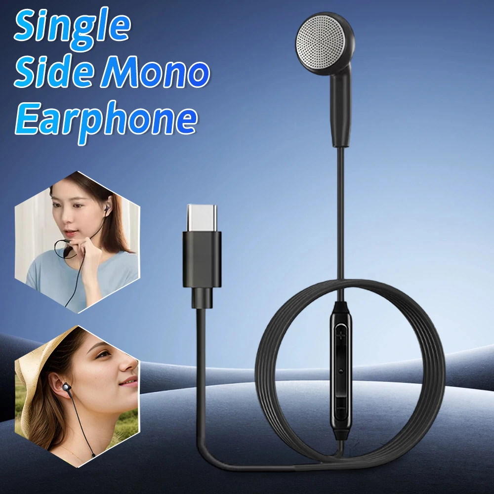 3.5mm/Type-c Single Wired Earbud Wire Headphone HiFi Stereo Music Mono Ear Bud Single Side Wired Earphone With Volume Adjustment