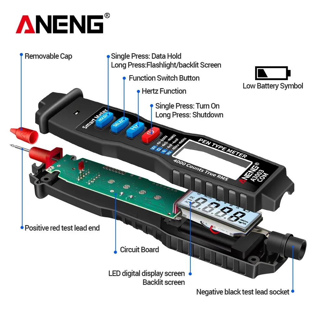 ANENG A3003 Digital Multimeter Pen Type Meter 4000 Counts with Non Contact AC/DC Voltage Resistance Capacitance Hz Tester Tool