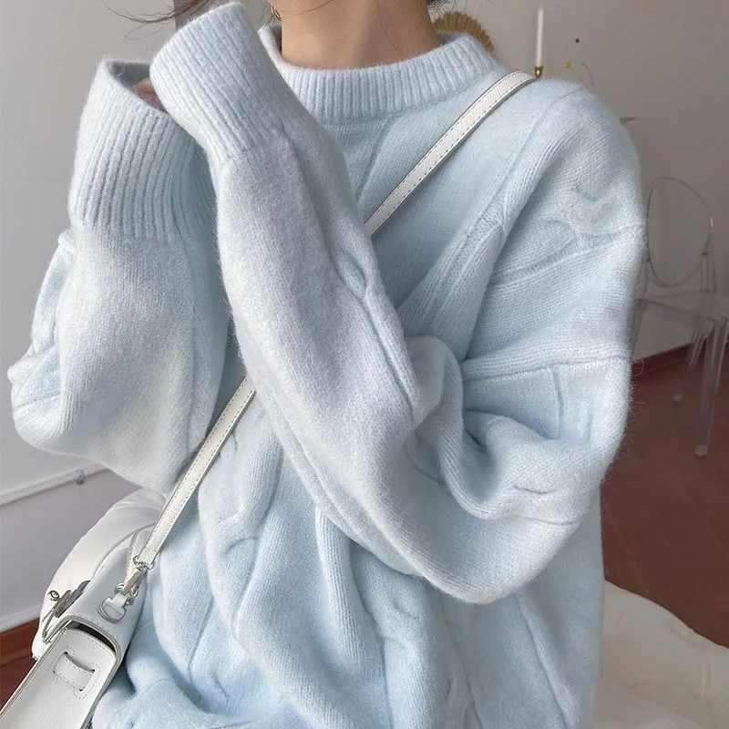 

Women 2023 New Autumn and Winter Sweater Sweater Plus Size Wearing Korean Pullover Loose Lazy Wind Solid Color Round Collar