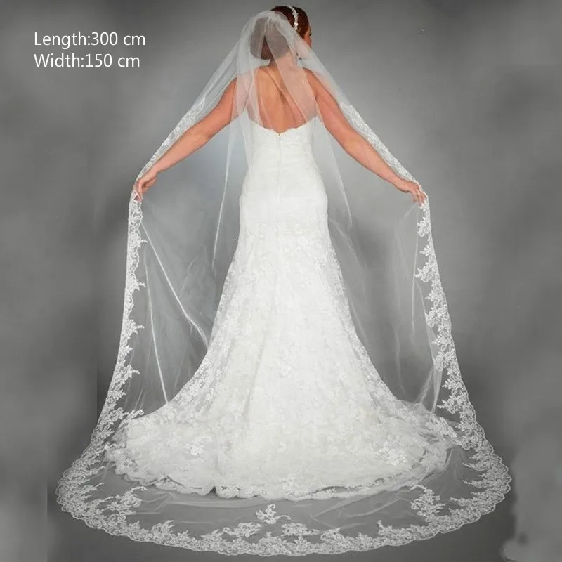 Wedding Accessories Appliques Tulle Long Cathedral Wedding Veils Lace Edge 1T Bridal Veils 3 Meters bridal veil