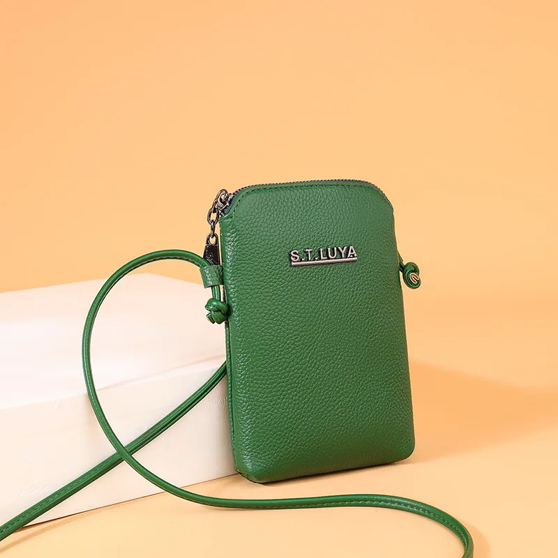 

Green Woman Shoulder Bag Small Bag Mini Mobile Phone Handbags Solid Color Female Soft Cow Leather Portable Purse Crossbody Bag