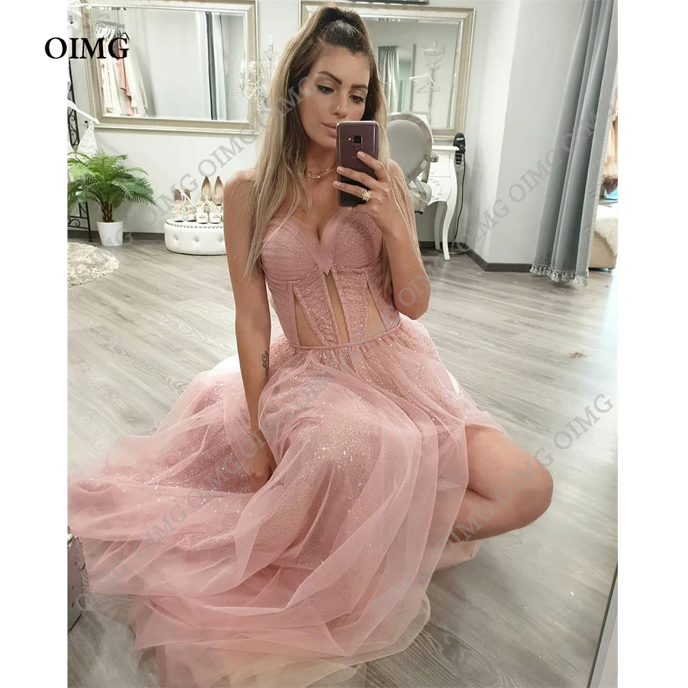 

OIMG Pink Shiny Glitter Long A Line Prom Dresses Sweetheart Princess Evening Gowns Women Formal Event Custom Party Dress 2024