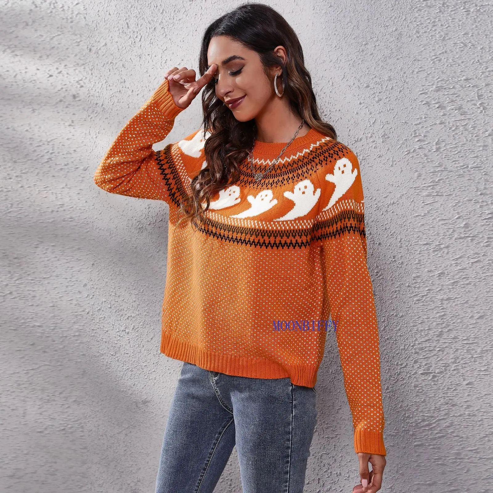 

Ghost Pattern Knit Sweater Women Fashion Winter Warm Long Sleeve Loose Comfortable Pullover Black Girl Top Halloween Sweatshirt