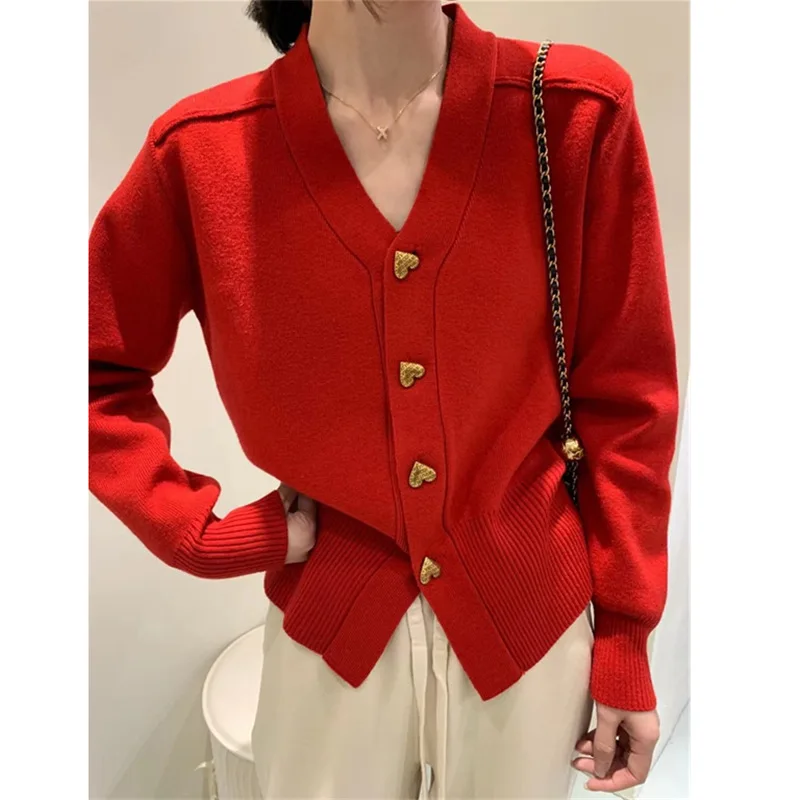 

Button Fashion Knitted Cardigan Women's Fashionable V-neck Slim and Age Reducing Waist Sweater Women's Coat