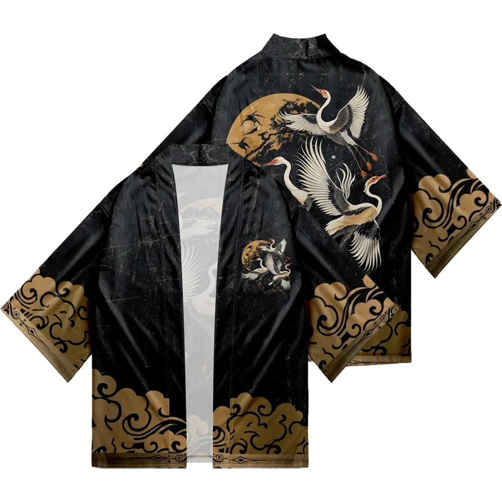 Japanese Style Cosplay Shirt 3D Crane Print Men and Women Traditional Samurai Kimono Haori Japanese Beach Yukata