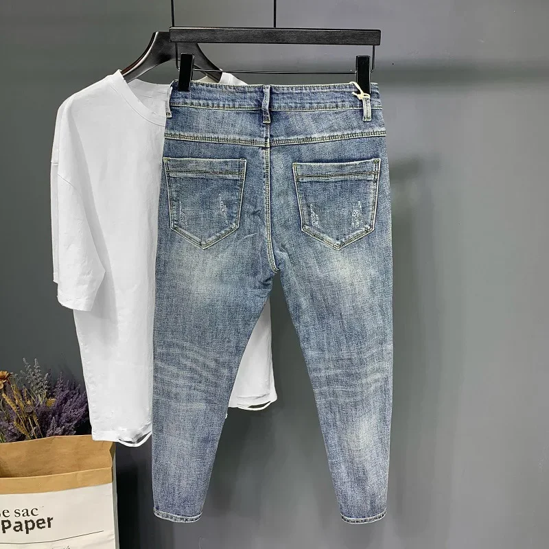 남성용 슬림핏 찢어진 청바지, 9 포인트 탄성 스웻팬츠, 캐주얼 스타일, 작은 발 펜슬 바지, 트렌디한 여름