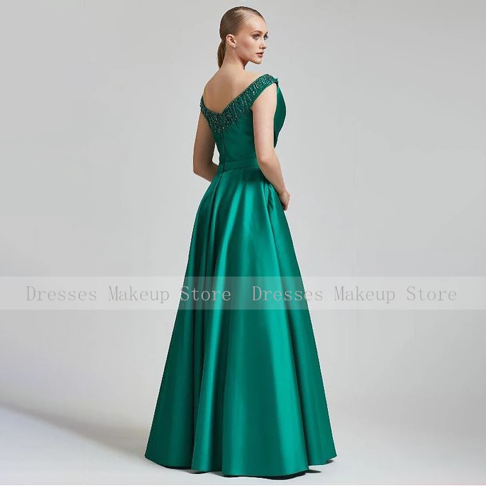 Emerald Green Satin Evening Dress for Women 2023 Off the Shoulder A Line  Gown Long V Neck Beaded Luxury Prom Party - AliExpress 320